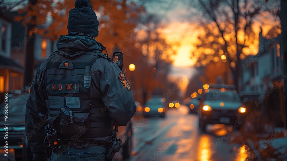 A close-up of a neighborhood watch member holding a flashlight and walkie-talkie while on patrol, with the background showing a quiet street lined with homes and trees. A close-up of a neighborhood watch member holding a flashlight and walkie-talkie while on patrol, with the background showing a quiet street lined with homes and trees.