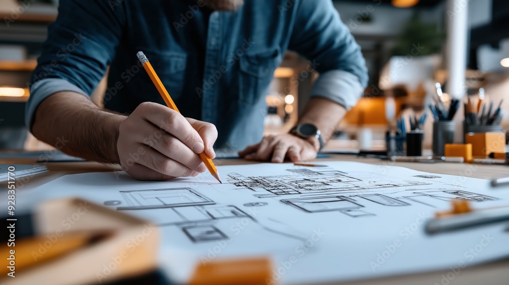 A close-up of a person working on architectural blueprints with a pencil on a desk filled with drawing tools in a modern office environment. A close-up of a person working on architectural blueprints with a pencil on a desk filled with drawing tools in a modern office environment.