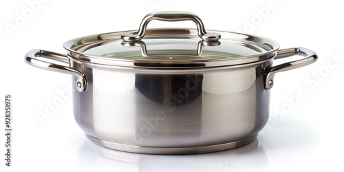 Stainless steel cookware on white background