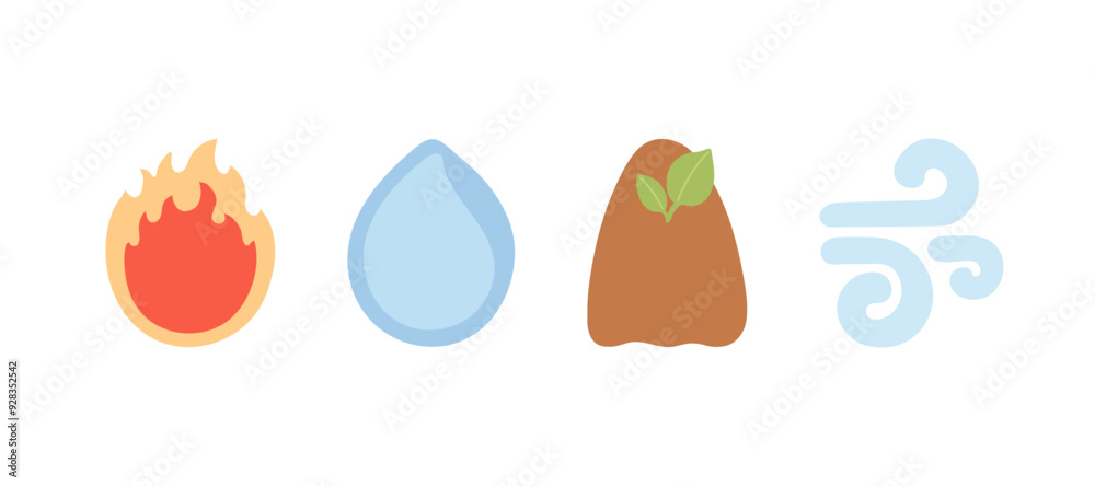 Nature elements water, fire, air and soil set. Drop, flame, wind and ground. Environment. Flat vector illustration Nature elements water, fire, air and soil set. Drop, flame, wind and ground. Environment. Flat vector illustration