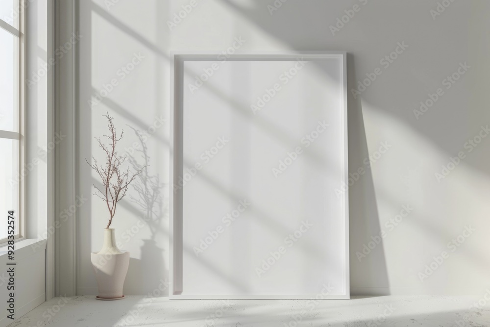 Fototapeta premium A decorative frame sits next to a plant in a vase, ideal for home decor or office use