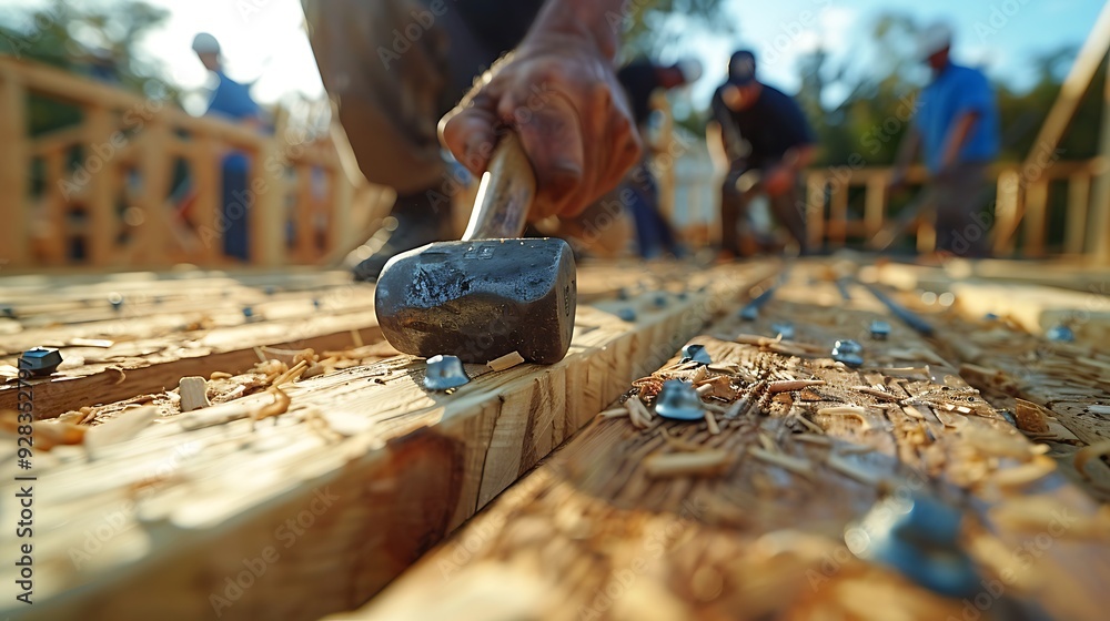 A close-up of hands holding a hammer and nails as a volunteer secures wooden beams, with the background showing other volunteers working on the house. A close-up of hands holding a hammer and nails as a volunteer secures wooden beams, with the background showing other volunteers working on the house.