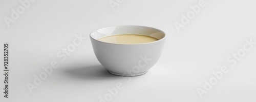 White ceramic bowl with soup on white background, 4K hyperrealistic photo