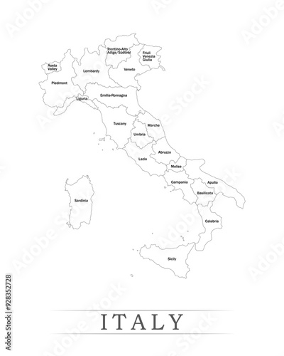 Administrative regions of ITALY. Province, state, division name with white map with black outline. Vector illustration	