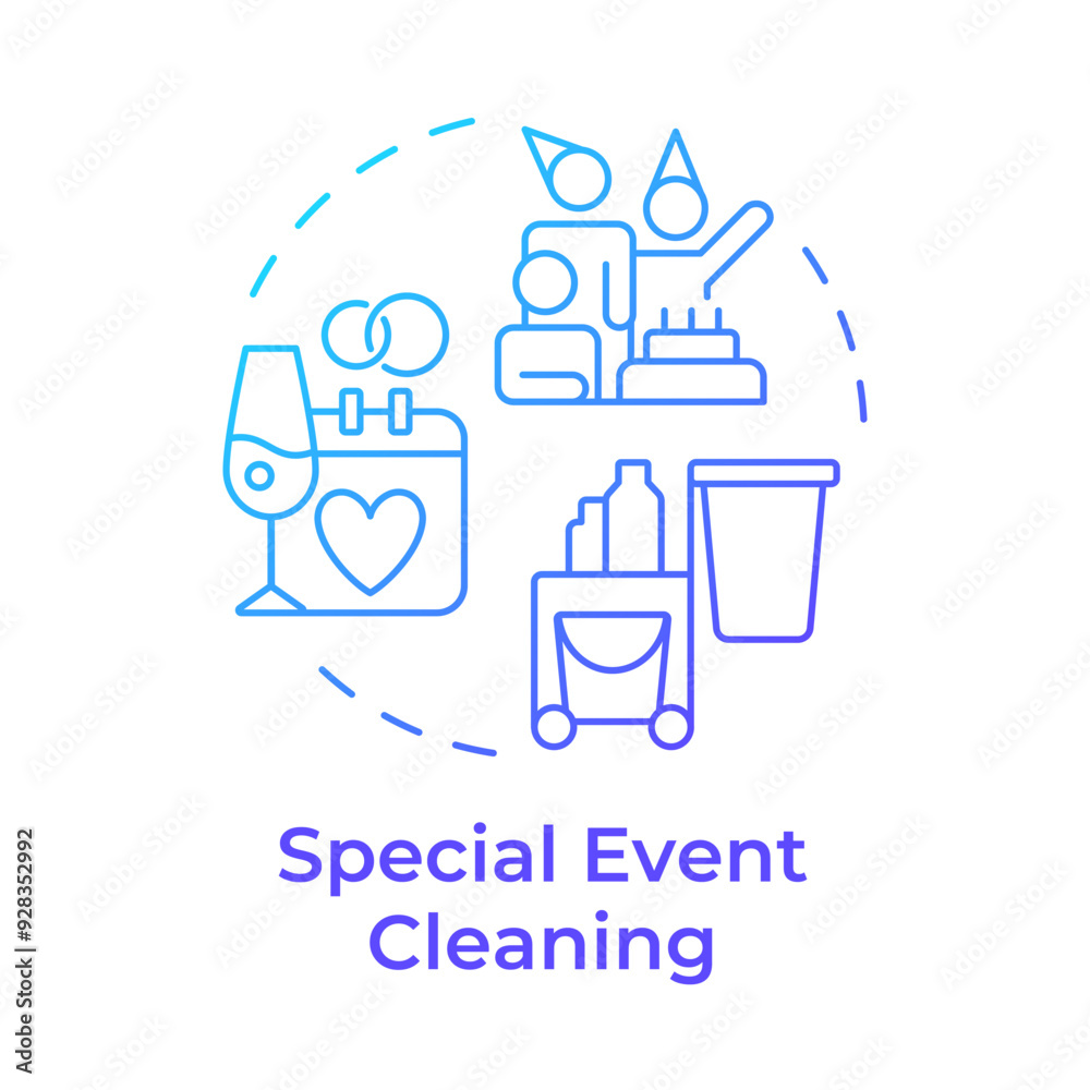 Special event cleaning blue gradient concept icon. Holiday cleanup. Post-party cleaning. Round shape line illustration. Abstract idea. Graphic design. Easy to use in infographic, presentation Special event cleaning blue gradient concept icon. Holiday cleanup. Post-party cleaning. Round shape line illustration. Abstract idea. Graphic design. Easy to use in infographic, presentation