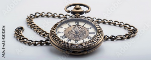 Vintage pocket watch with chain on white background, 4K hyperrealistic photo