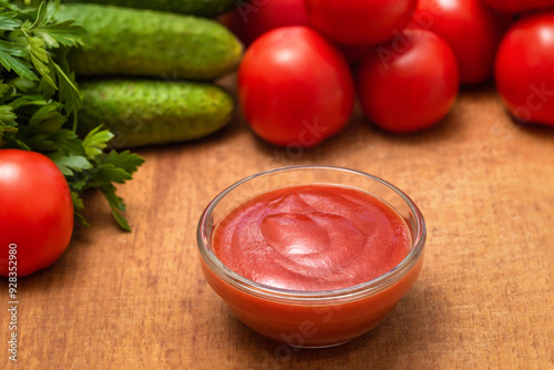 Bowl with tasty ketchup and fresh vegetables in kitchen