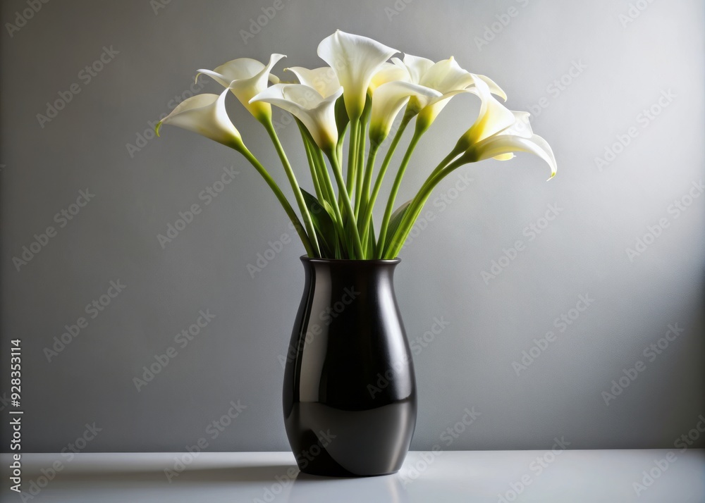 elegant calla lilies standing tall in sleek black vase on minimalist white background, emphasizing refinement and modernity with high-contrast lighting elegant calla lilies standing tall in sleek black vase on minimalist white background, emphasizing refinement and modernity with high-contrast lighting