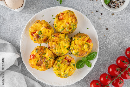 Egg muffins or egg bites with bacon, cheese, vegetables and herbs on a white plate on a concrete background. Healthy breakfast.