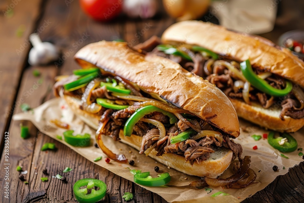 Classic Philly cheesesteak sandwich with beef cheese green peppers and caramelized onions on a wooden table