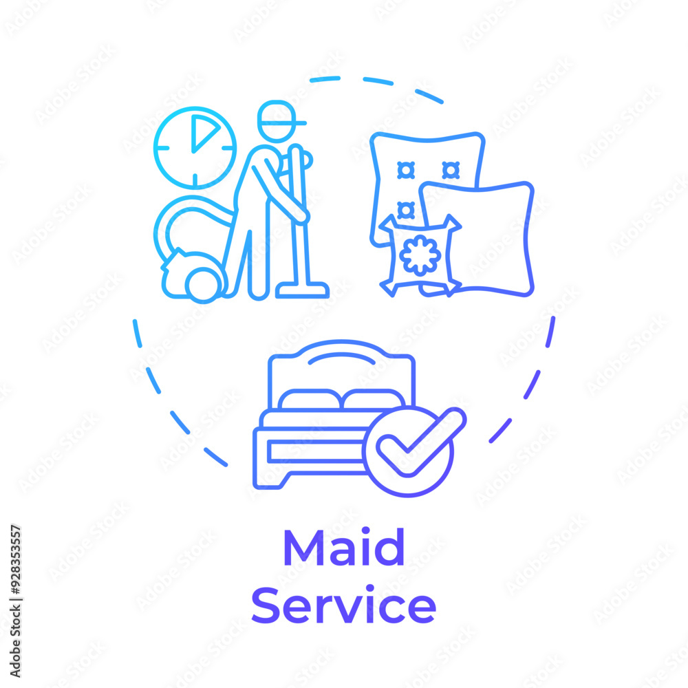 Maid service blue gradient concept icon. Dusting furniture, vacuuming carpets. Professional cleanup. Round shape line illustration. Abstract idea. Graphic design. Easy to use in infographic Maid service blue gradient concept icon. Dusting furniture, vacuuming carpets. Professional cleanup. Round shape line illustration. Abstract idea. Graphic design. Easy to use in infographic