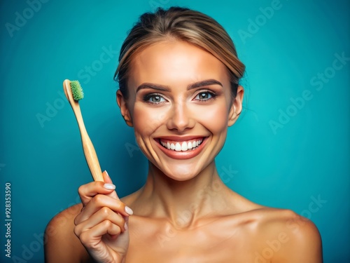 A bright-eyed woman proudly showcases a bamboo toothbrush and toothpaste on a blue background, promoting eco-friendly oral care and a healthy, radiant smile.