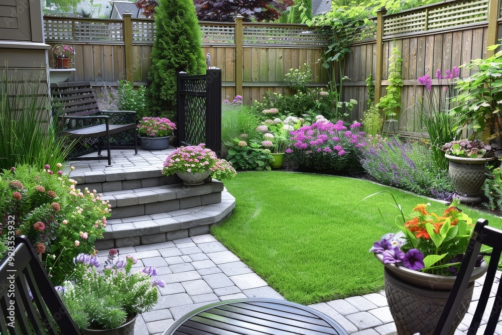 Fototapeta premium Charming backyard garden with wooden fence, green grass, and a comfortable bench amidst flower beds, reflecting simple Montreal-style home design.