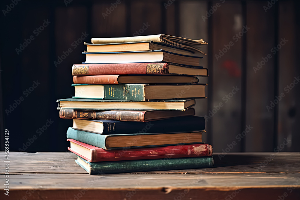 A stack of books on a wooden table. The books are of different sizes and colors. The stack is piled high, with the bottom book being the largest and the top book being the smallest A stack of books on a wooden table. The books are of different sizes and colors. The stack is piled high, with the bottom book being the largest and the top book being the smallest