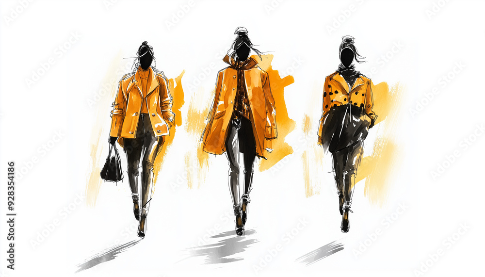 minimal modern and avant garde fashion sketches on a white background, autumn collection female outfit minimal modern and avant garde fashion sketches on a white background, autumn collection female outfit