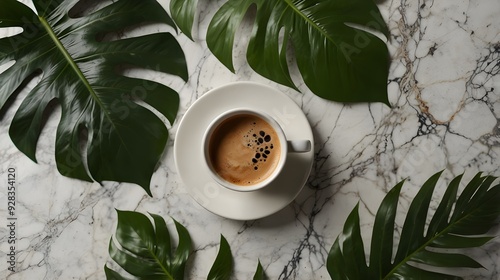 Gorgeous tropical foliage arranged tastefully to the side of an attractive top view of a hot coffee cup on a flat lay marble background combine to create a calm and fashionable composition.