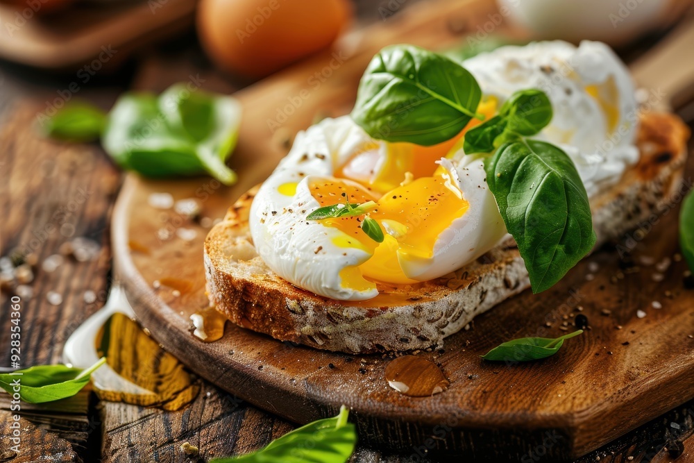 Close up of a delicious poached egg yolk basil on toast cutting board rustic wooden background Close up of a delicious poached egg yolk basil on toast cutting board rustic wooden background