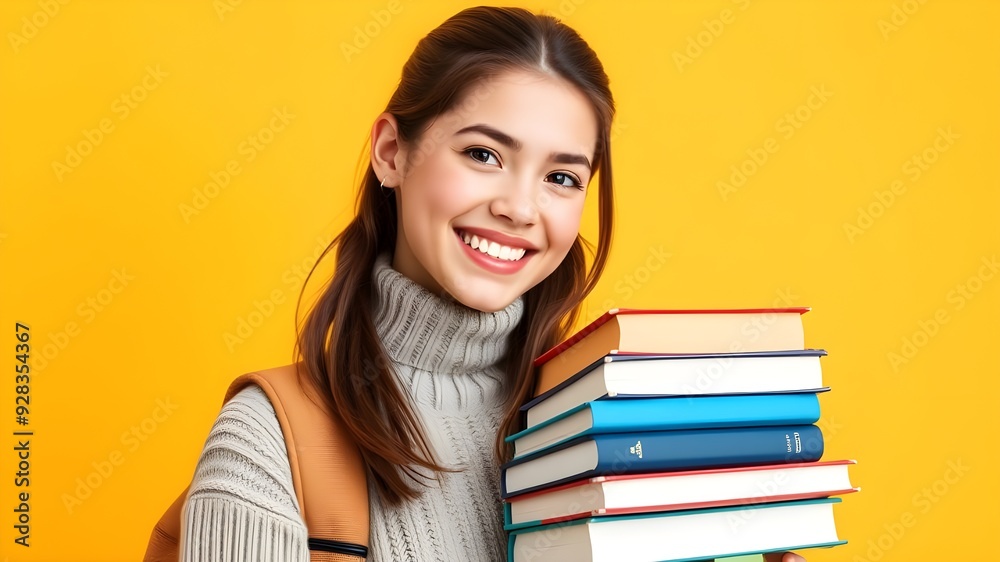 Young college student posing against yellow studio backdrop with books and backpack, conveying education theme. Young college student posing against yellow studio backdrop with books and backpack, conveying education theme.