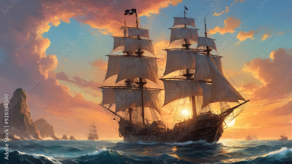 Obraz premium ship at sunset, ai generated