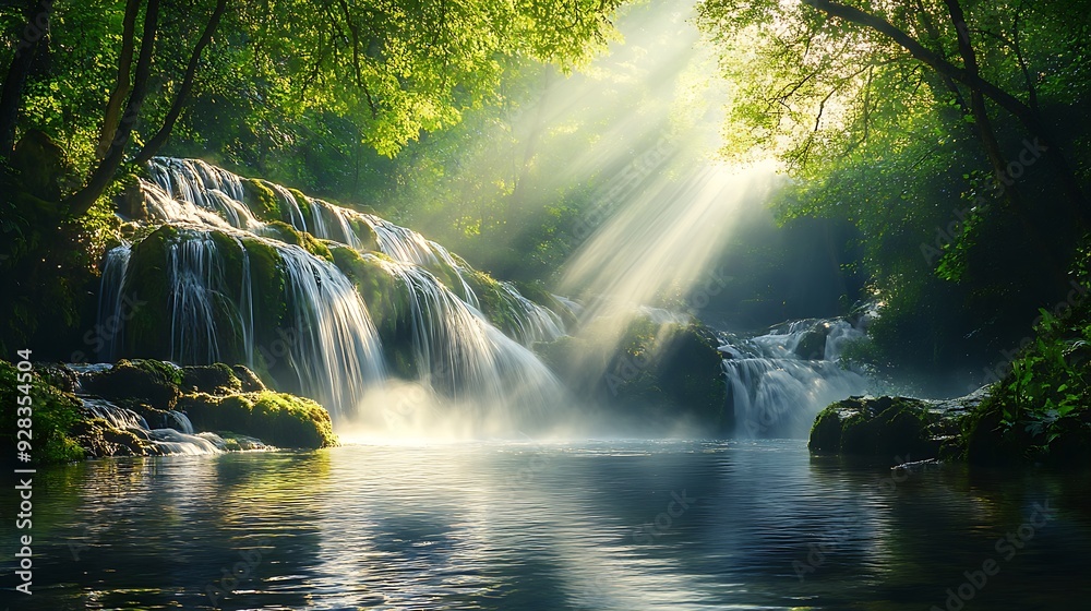 A winding river in a tranquil forest, with mist and sunlight filtering through the trees. The background features a series of cascading waterfalls A winding river in a tranquil forest, with mist and sunlight filtering through the trees. The background features a series of cascading waterfalls