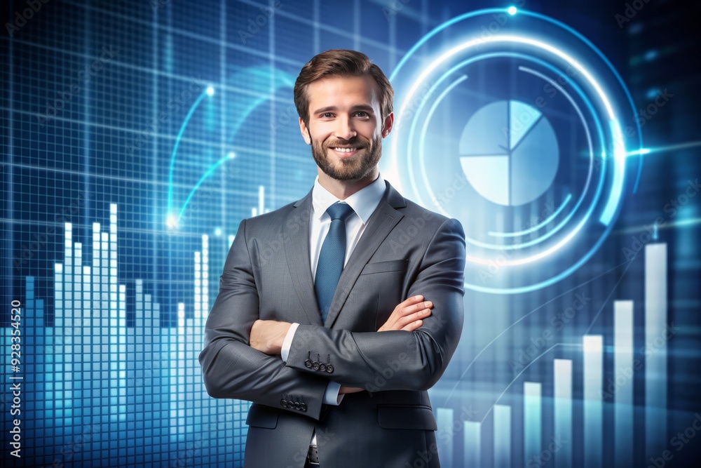 A confident entrepreneur stands in front of a digital background, illustrating circle bar info graphics, symbolizing business growth, value addition, and success in the competitive market. A confident entrepreneur stands in front of a digital background, illustrating circle bar info graphics, symbolizing business growth, value addition, and success in the competitive market.