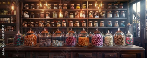 Old-fashioned candy store with jars of sweets, 4K hyperrealistic photo