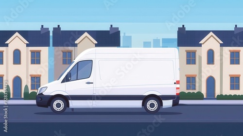 Delivery van in residential area, flat design illustration