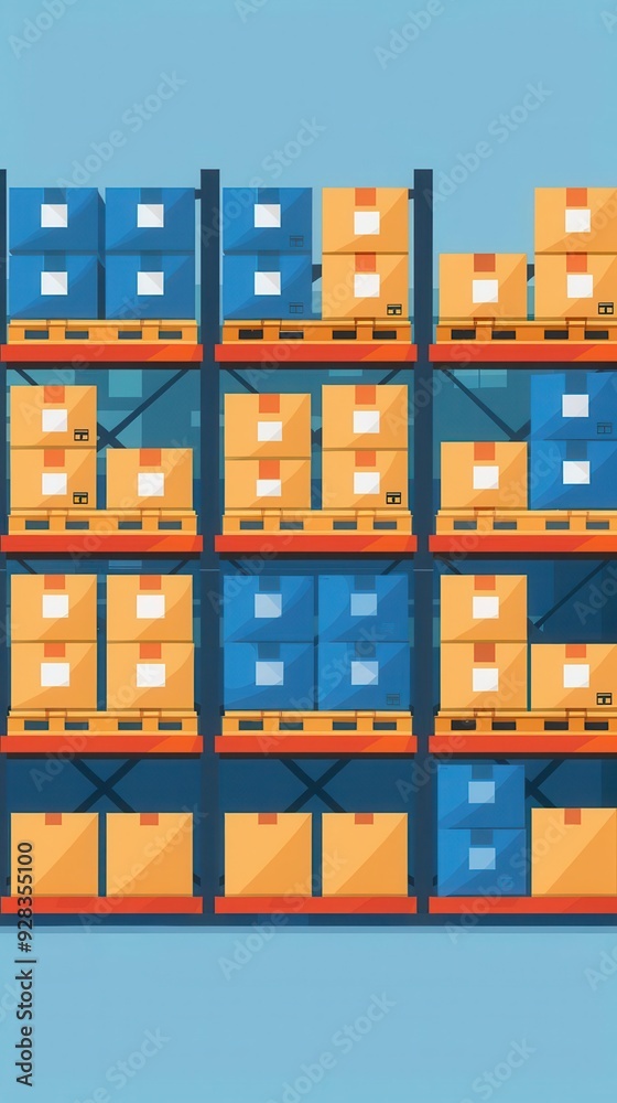 Warehouse with large shelves, flat design illustration Warehouse with large shelves, flat design illustration