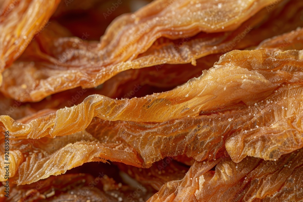 Close up of dried brown chicken breast jerky Close up of dried brown chicken breast jerky