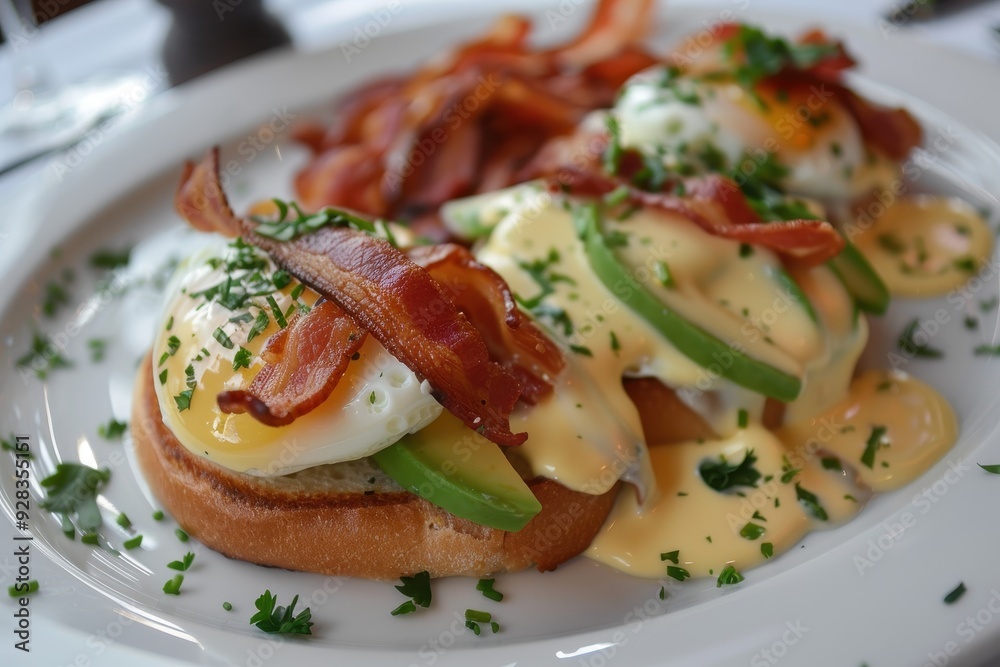 Close up of egg benedicts with avocado and bacon Close up of egg benedicts with avocado and bacon