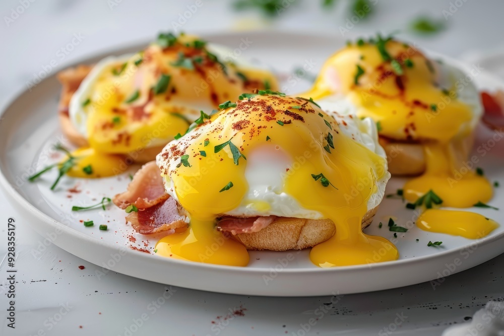 Close up of eggs benedict on white plate on serving table