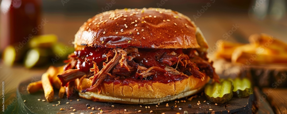 Juicy pulled pork sandwich with pickles, 4K hyperrealistic photo Juicy pulled pork sandwich with pickles, 4K hyperrealistic photo