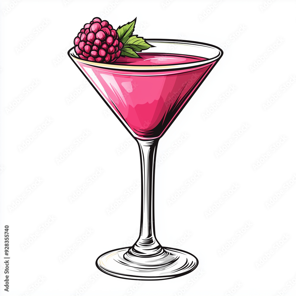 Raspberry cocktail in a cone-shaped glass with raspberries, white background Raspberry cocktail in a cone-shaped glass with raspberries, white background