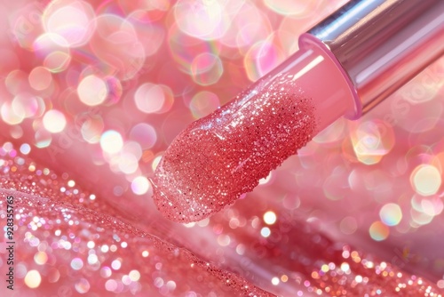 Close up of pink glitter lipgloss with applicator on lipgloss background