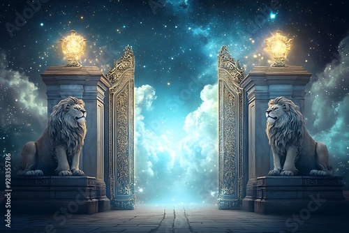 beautiful spiritual and dreamy portal of light, which is guarded by two beautiful kind and radiant lions on each gate side, starry sky, light blue, white, golden and purple colors