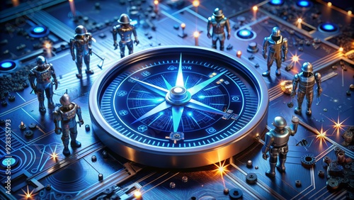 Wallpaper Mural A futuristic metallic compass with glowing blue lights and gears, surrounded by miniature robots and circuits, representing innovative navigation in technology and science. Torontodigital.ca