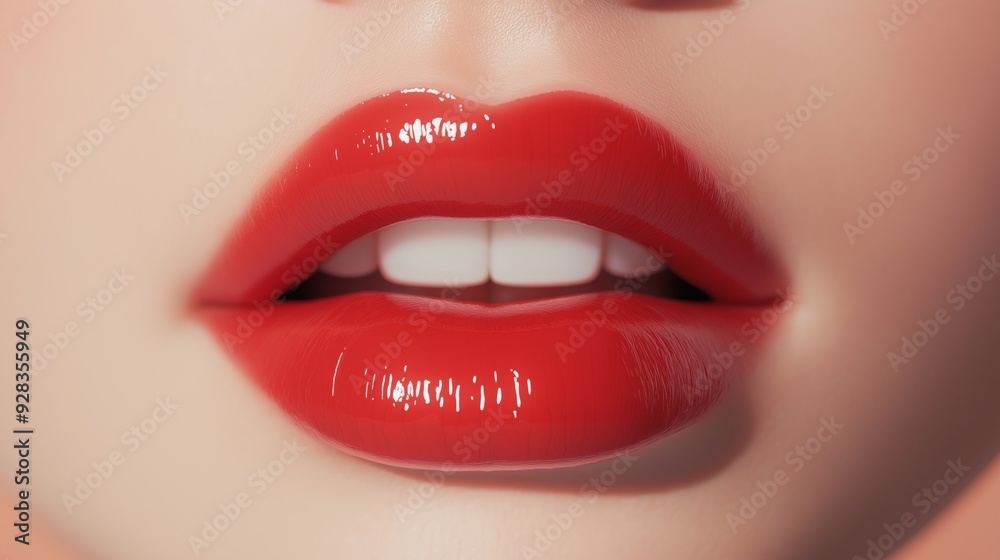 Obraz premium Close up of vibrant red lips with a glossy finish and bright white teeth under soft lighting.