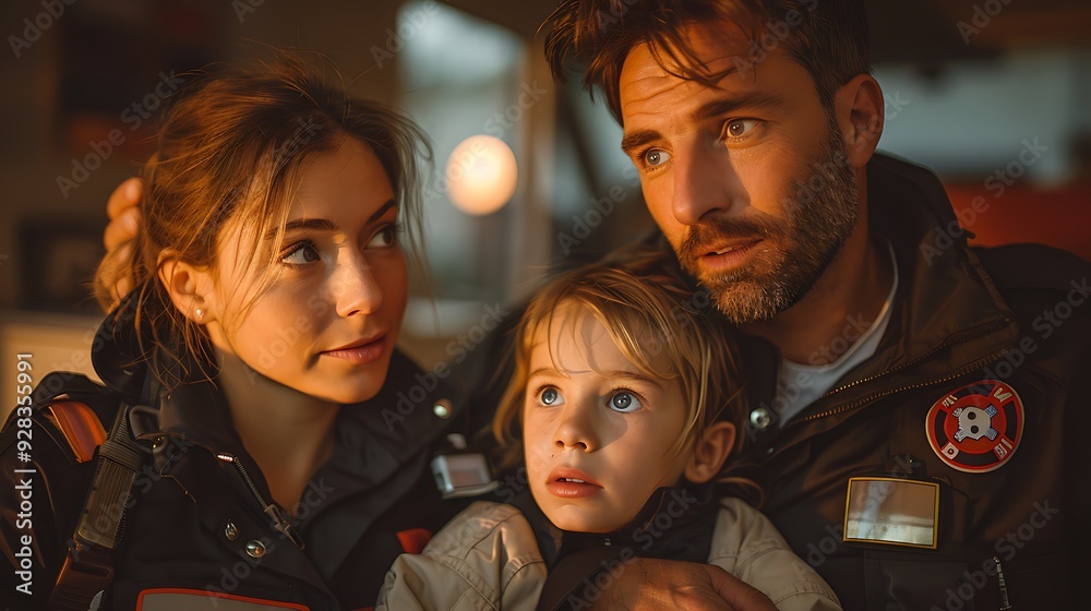 A heartwarming moment of a paramedic comforting a child while treating a minor injury at the scene of a bike accident, with a worried parent nearby. A heartwarming moment of a paramedic comforting a child while treating a minor injury at the scene of a bike accident, with a worried parent nearby.