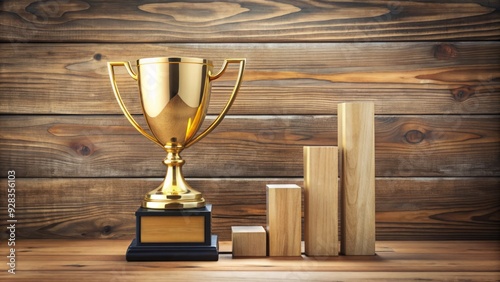 A golden trophy and a growing bar graph on a wooden desk, symbolizing achievement and recognition with a promised salary or wage increase.