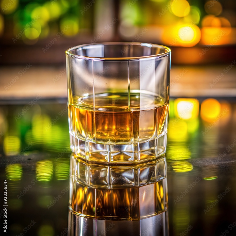 Crystal Whisky Glass on Reflective Surface, Vibrant Bar Ambiance