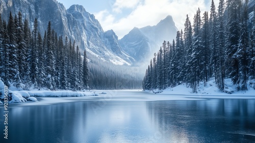 A serene winter landscape featuring snow-covered mountains and a tranquil lake reflecting the blue sky.