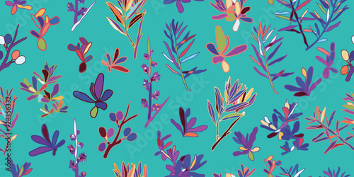 Hand drawn floral seamless pattern. Silhouettes of blooming sea buckthorn flowers. Simple summer background with botanical shadows texture. 