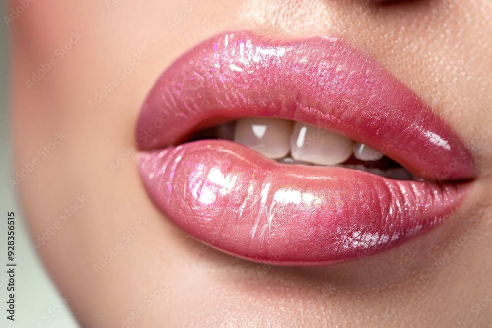 Close up of woman with plump glossy pink lips Enhancement and hydration for beauty and cosmetics Close up of woman with plump glossy pink lips Enhancement and hydration for beauty and cosmetics