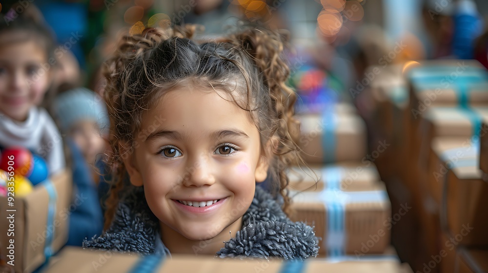 A heartwarming scene of children receiving donated toys from volunteers at a charity drive, with smiles all around and a backdrop of a festive community center. The image captures joy and kindness, A heartwarming scene of children receiving donated toys from volunteers at a charity drive, with smiles all around and a backdrop of a festive community center. The image captures joy and kindness,