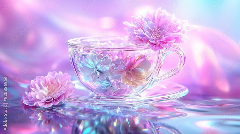 A delicate glass cup filled with colorful water and flowers, creating a serene and dreamy atmosphere. A delicate glass cup filled with colorful water and flowers, creating a serene and dreamy atmosphere.