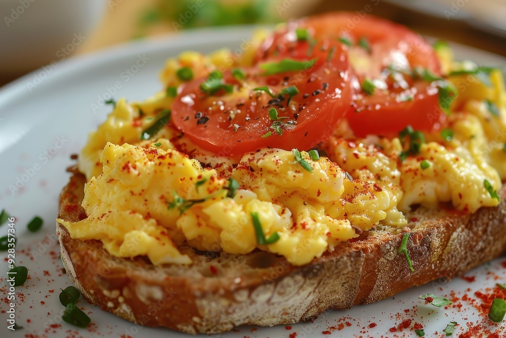 Close up view of scrambled eggs with tomato on bread