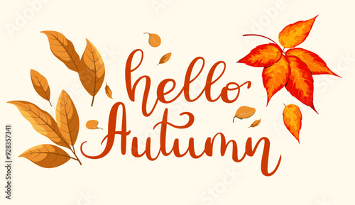 Hello autumn. An inscription with bright autumn leaves. Vector illustration. Lettering.