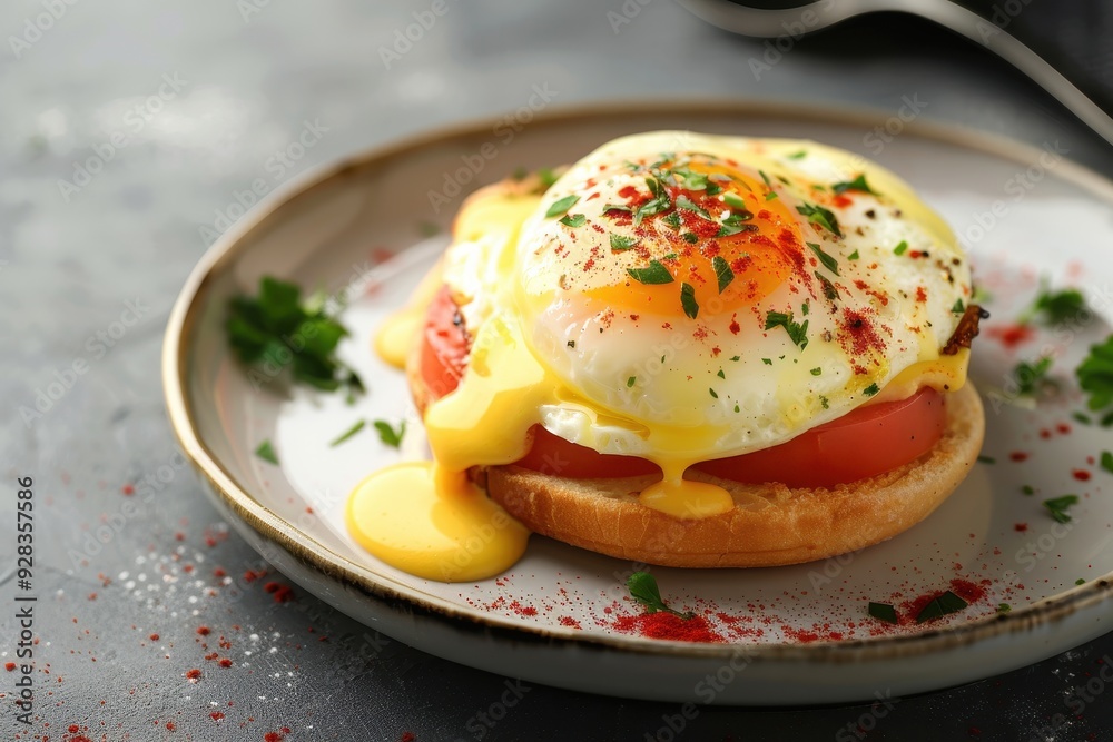 Closeup of delicious eggs Benedict on rustic grey table Closeup of delicious eggs Benedict on rustic grey table