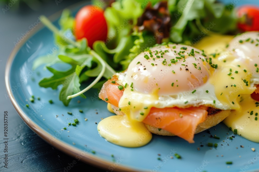 Closeup of Eggs Benedict with salmon cherry tomato and salad on blue plate Closeup of Eggs Benedict with salmon cherry tomato and salad on blue plate