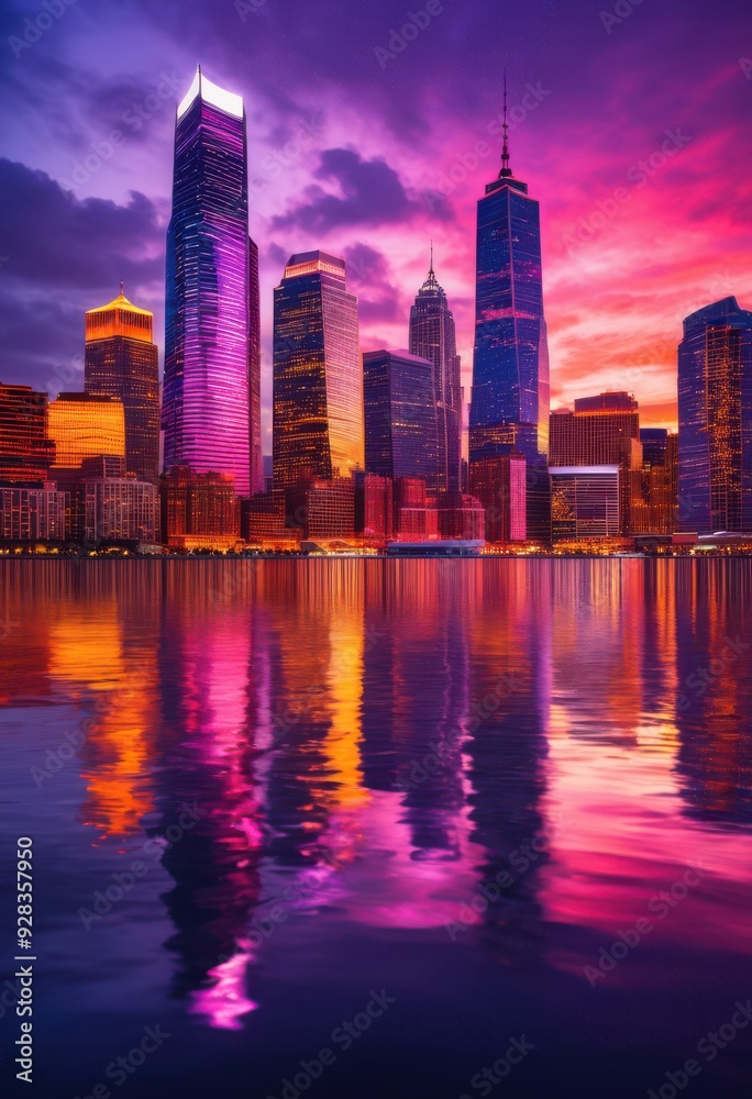 Obraz premium stunning city skyline dusk featuring vibrant colors bright illuminations twilight sky, lights, buildings, urban, architecture, horizon, night, scenery, view